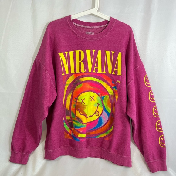 Urban Outfitters X Nirvana Oversized Sweatshirt Pink Spiral Smile Crewneck - Picture 2 of 8